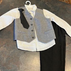 Boys 3 piece suit. Black and white print shirt, black tie and pants